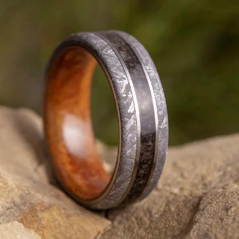 Dinosaur Bone Men's Ring With Meteorite, Wood Sleeve