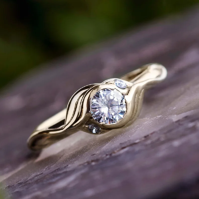 Three Stone Engagement Ring With Custom Leaf Pattern