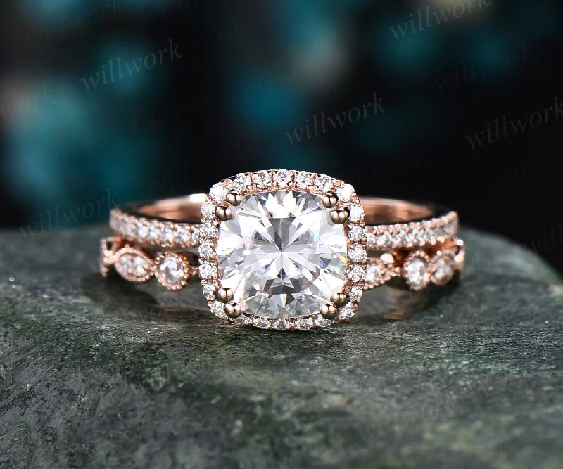 Vintage cushion cut moissanite engagement ring set rose gold half eternity halo ring art deco diamonds wedding band anniversary ring gifts for her