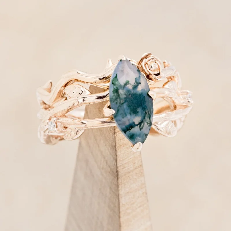 "ARTEMIS ON THE VINE" - MARQUISE CUT MOSS AGATE ENGAGEMENT RING WITH DIAMOND ACCENTS & "BRIAR" BRANCH-STYLE TRACER