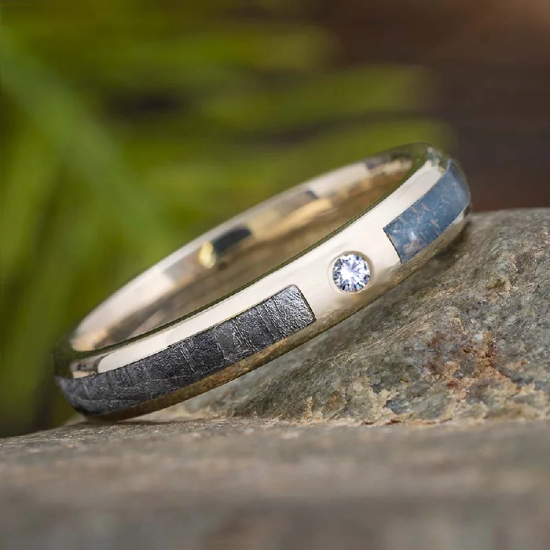 Diamond Wedding Band with Meteorite and Dinosaur Bone