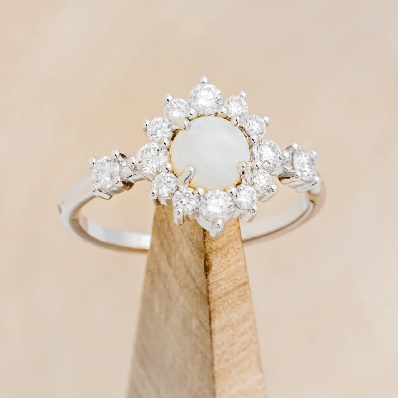 "STARLET" - ROUND CUT WHITE OPAL ENGAGEMENT RING WITH STARBURST DIAMOND HALO