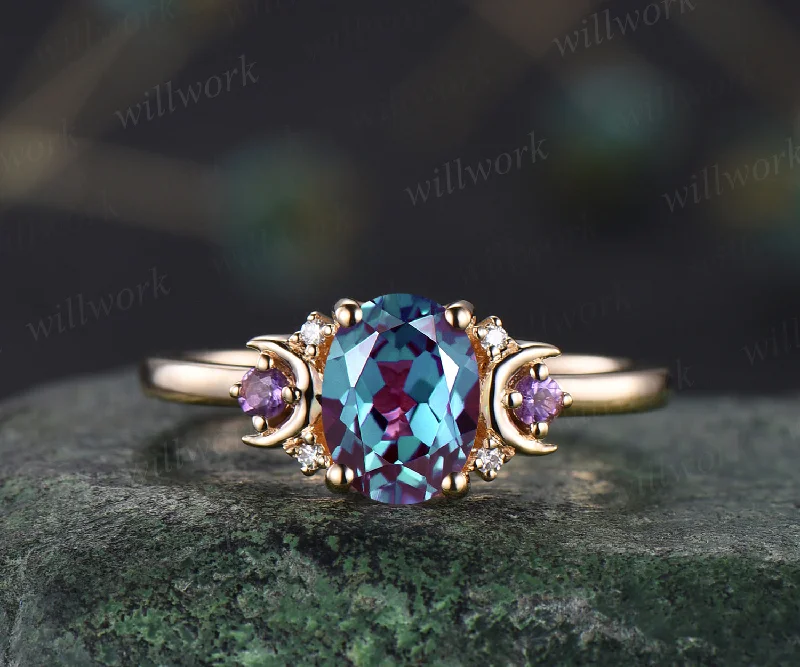 Vintage oval cut Alexandrite engagement ring unique deco moon ring crescent amethysts nature inspired promise ring anniversary gifts for women