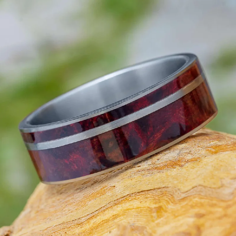 Ruby Redwood Wedding Band, Matte Titanium Ring With Pinstripe