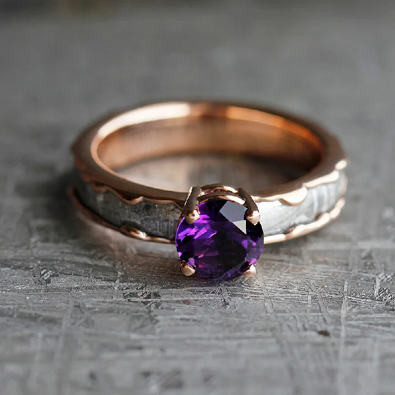 Amethyst Engagement Ring With Wavy Band Inlaid with Meteorite