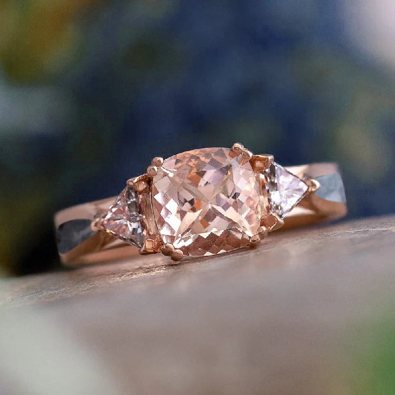 Cushion Cut Morganite Engagement Ring With Diamonds & Meteorite