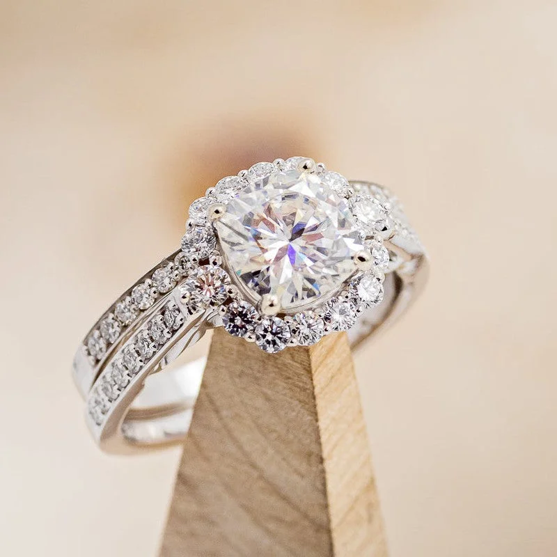 "OPHELIA" - CUSHION CUT MOISSANITE ENGAGEMENT RING WITH "STELLA" STACKING BAND