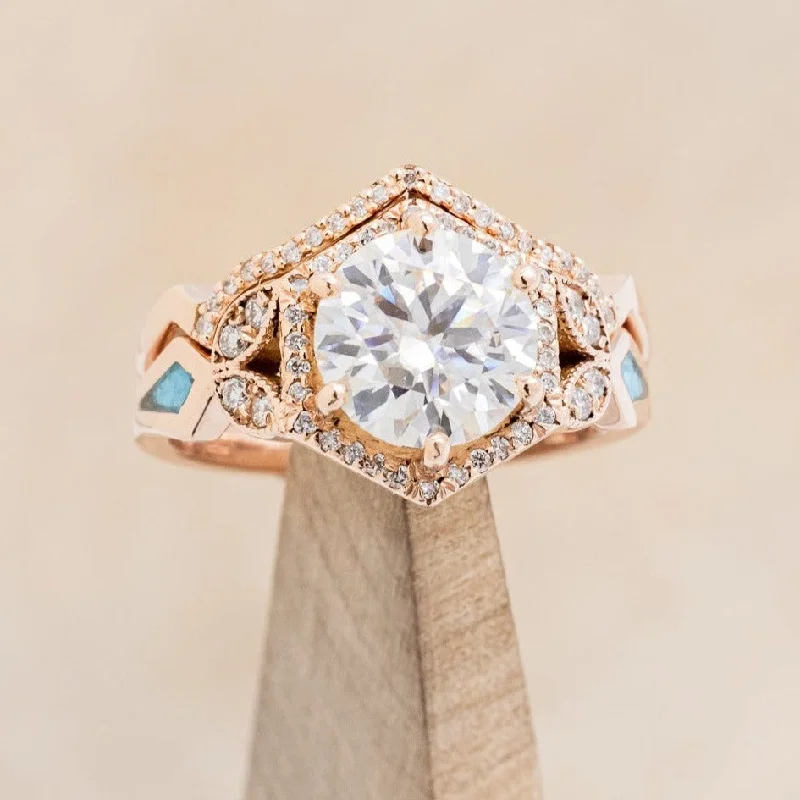 "LUCY IN THE SKY" - ROUND CUT MOISSANITE ENGAGEMENT RING WITH DIAMOND HALO, TURQUOISE INLAYS & DIAMOND TRACER