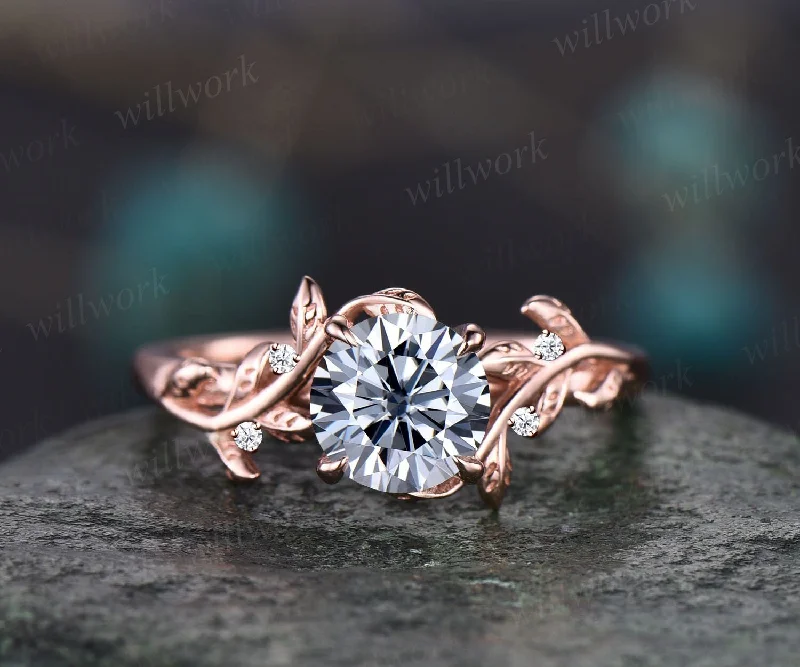 Vintage 1ct round gray moissanite engagement ring leaf 14k rose gold ring branch twig nature inspired five stone diamond wedding ring women