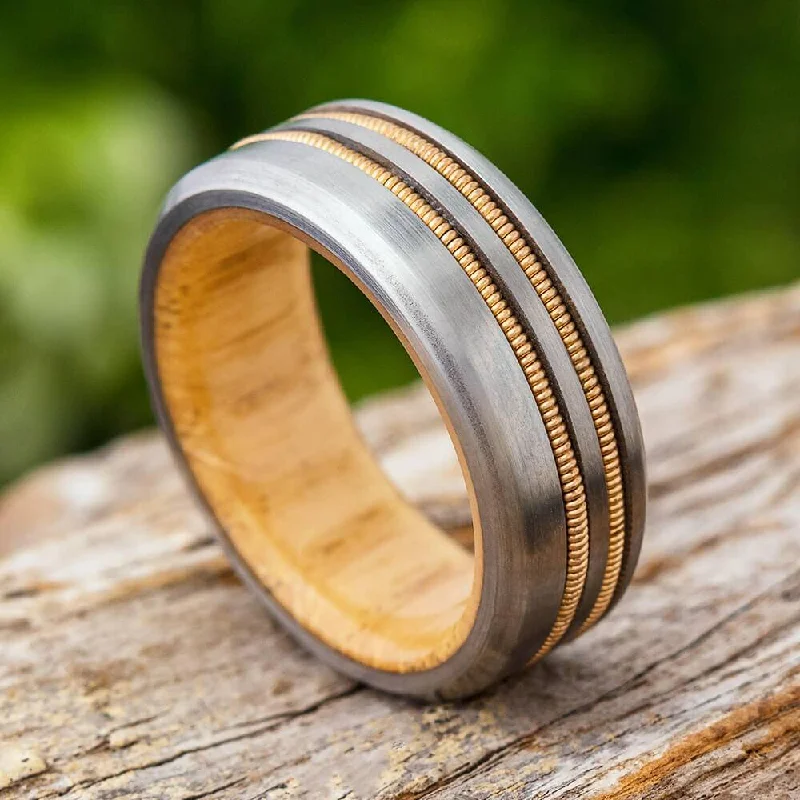 Double Guitar String Ring with Oak Wood Sleeve