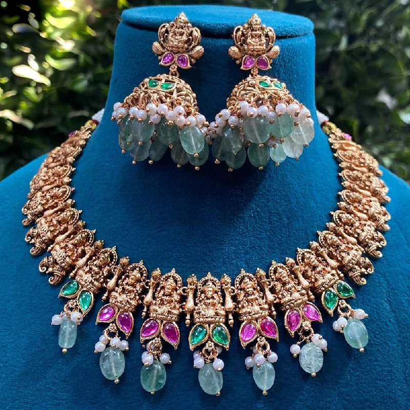 Royal Kundan Jewellery Gold Plated Pota Stone And Beads Temple Necklace Set