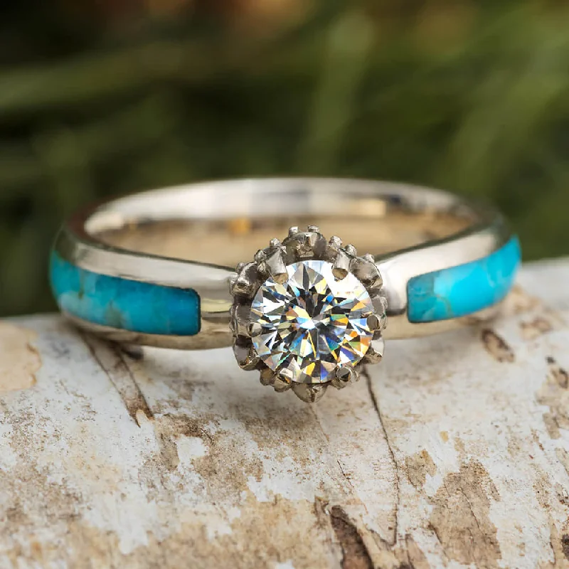 Moissanite & Turquoise Engagement Ring with Lotus Setting