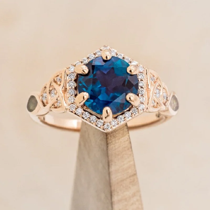 "LUCY IN THE SKY" - ROUND CUT LAB-GROWN ALEXANDRITE ENGAGEMENT RING WITH A CELTIC KNOT DESIGN AND FIRE & ICE OPAL INLAYS