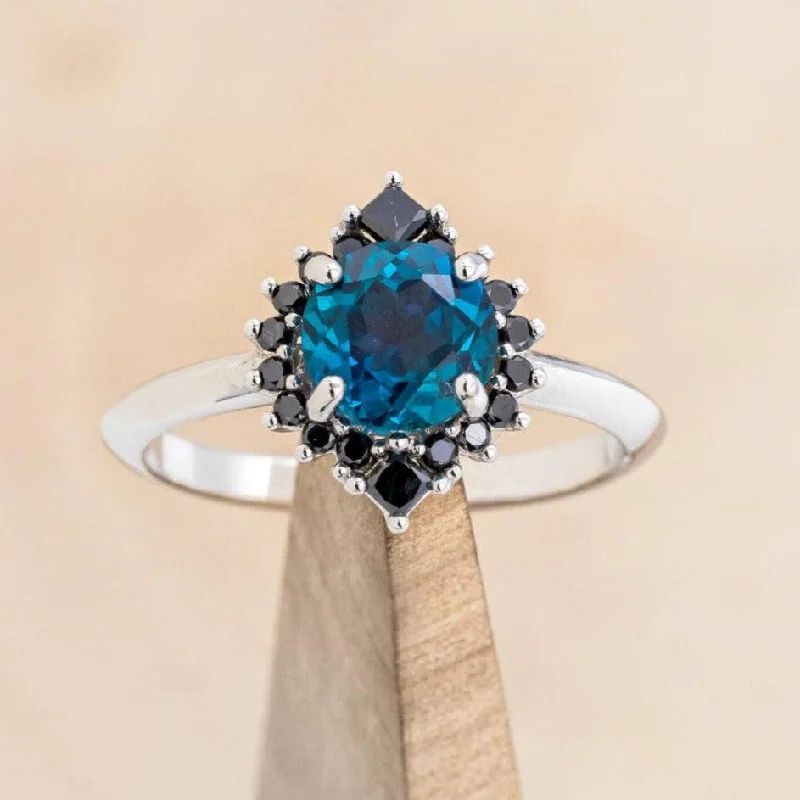 "NEREZZA" - ROUND CUT LAB-GROWN ALEXANDRITE ENGAGEMENT RING WITH A BLACK DIAMOND HALO