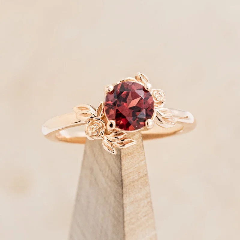 "ROSA" - ROUND CUT MOZAMBIQUE GARNET ENGAGEMENT RING WITH FLOWER ACCENTS