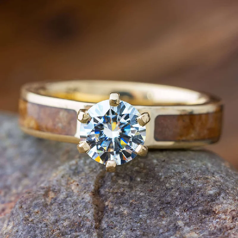 Solitaire 6-Prong Moissanite Engagement Ring with Wood Inlay