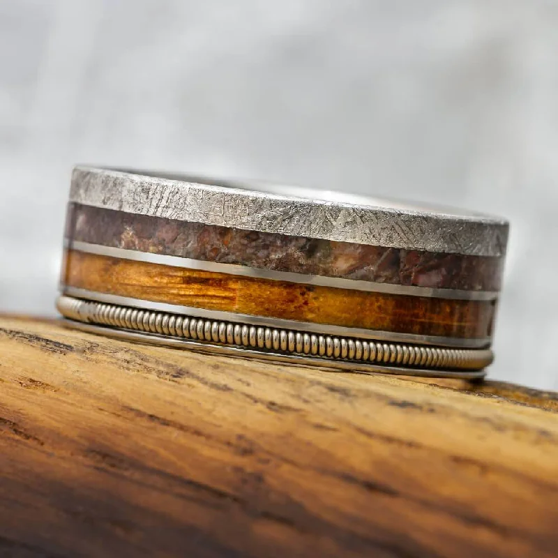 Bass Guitar String Ring With Dinosaur Bone, Meteorite, and Whiskey Wood