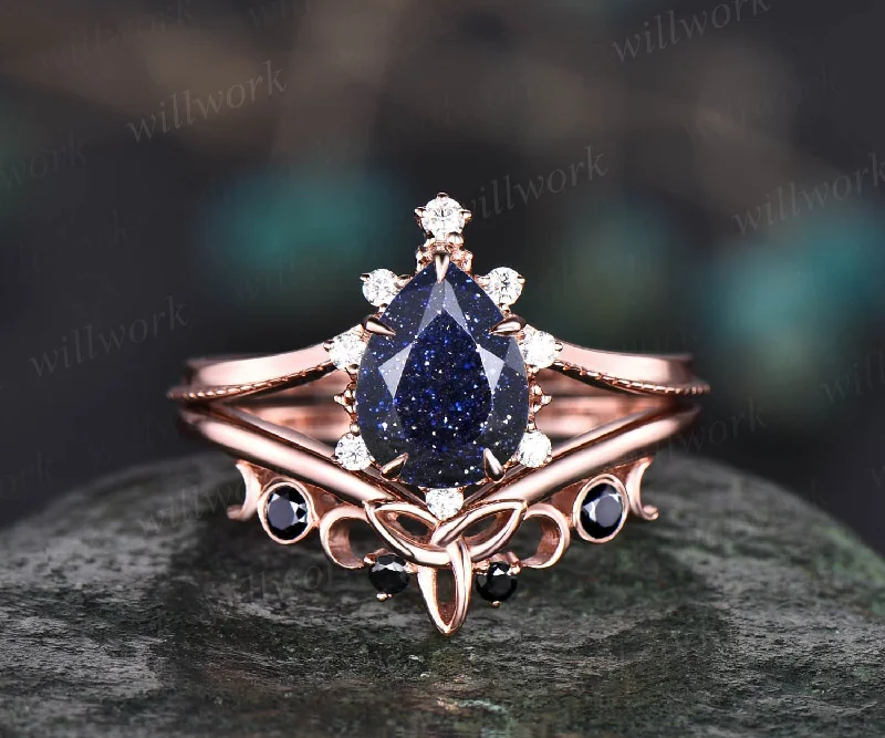 Vintage pear shaped blue sandstone engagement ring set rose gold cluster moissanite ring black diamond ring unique wedding ring set women