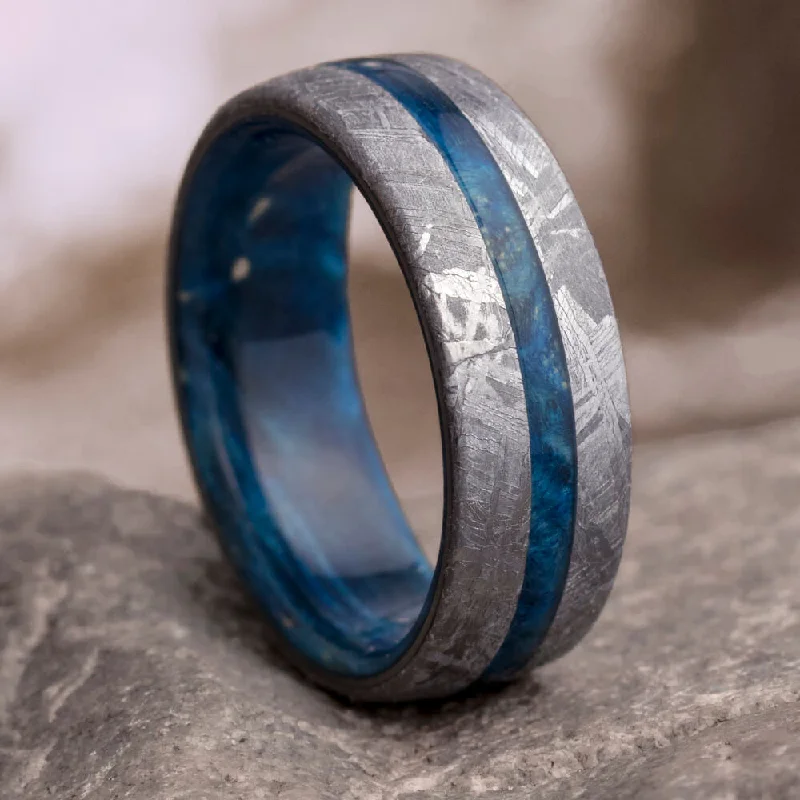 Blue Men's Ring With Gibeon Meteorite, Colorful Wedding Band