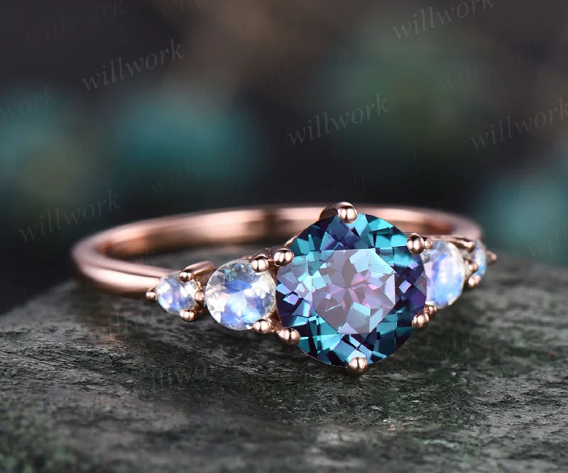 Alexandrite ring minimalist vintage round Alexandrite engagement ring five stone moonstone ring rose gold silver for women promise ring gift