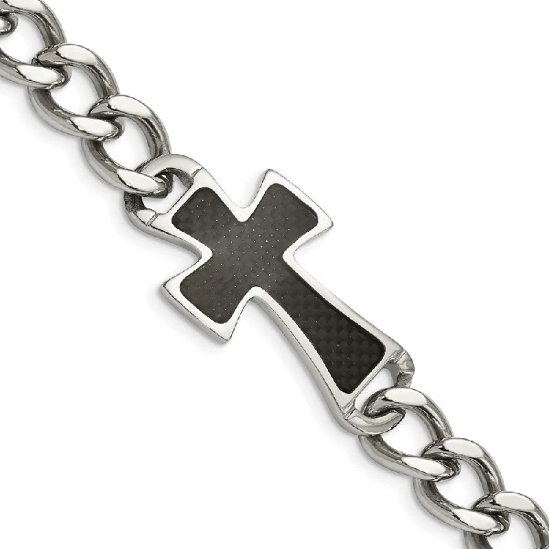 Men's Stainless Steel Carbon Fiber Cross Chain Bracelet, 8.5 Inch