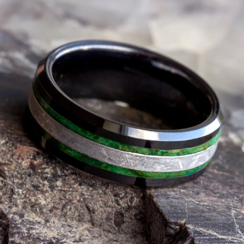 Black Ceramic Ring with Meteorite & Wood Inlays