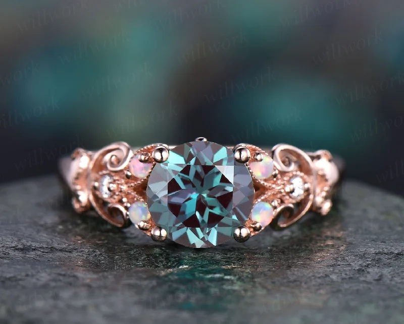 Unique vintage Alexandrite engagement ring rose gold butterfly leaf flower ring milgrain diamond opal ring women unique wedding ring jewelry