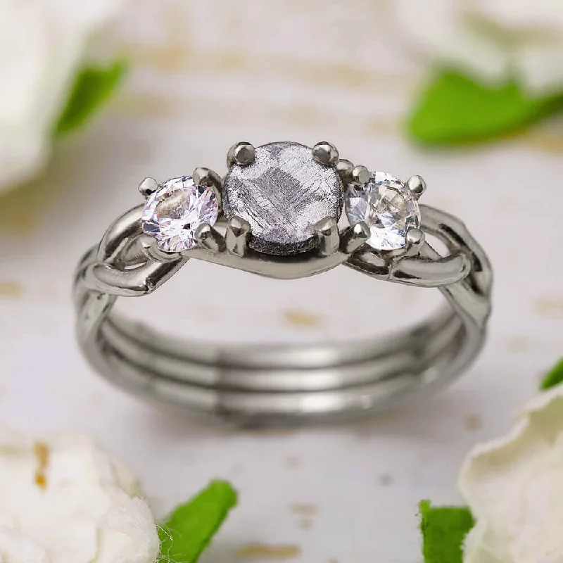 Meteorite Stone Engagement Ring with Moissanite Accents