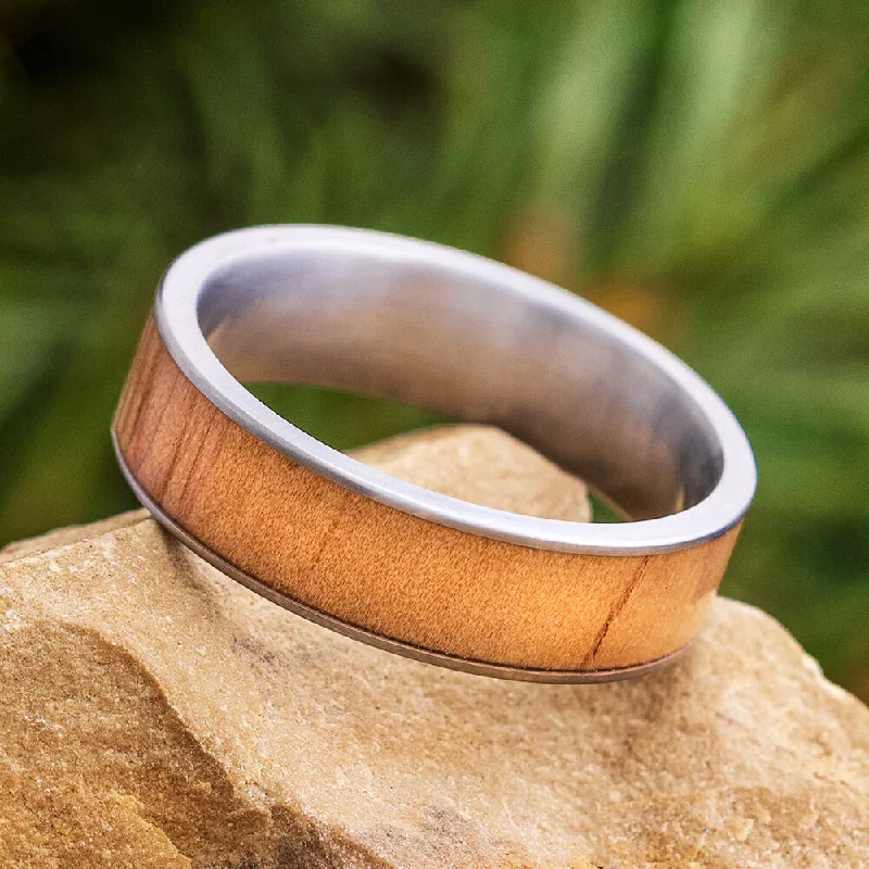 Rowan Wood Ring on Titanium Sleeve, Good Luck Ring