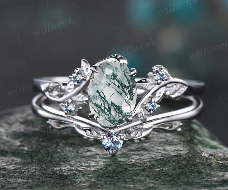 Oval Cut Natural Green Moss Agate Engagement Ring Set Unique June Birthstone Alexandrite Wedding Band Art Deco Leaf Vine Twig Branch Bridal Ring Set Nature Inspired Jewelry