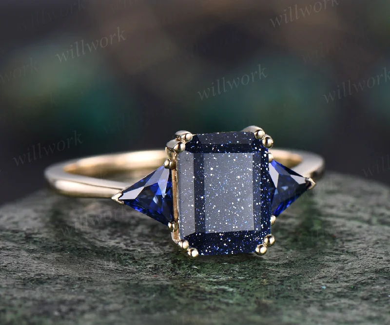 Vintage emerald cut blue sandstone engagement ring 14k yellow gold three stone Trilliant cut sapphire ring women gemstone ring Fine jewelry