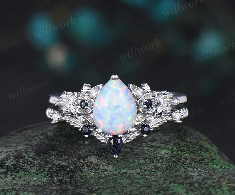 Pear opal engagement ring white gold leaf floral unique cluster blue sandstone diamond bridal wedding ring set women gift