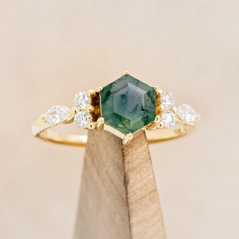 "SAGE" - HEXAGON CUT MOSS AGATE ENGAGEMENT RING WITH DIAMOND ACCENTS