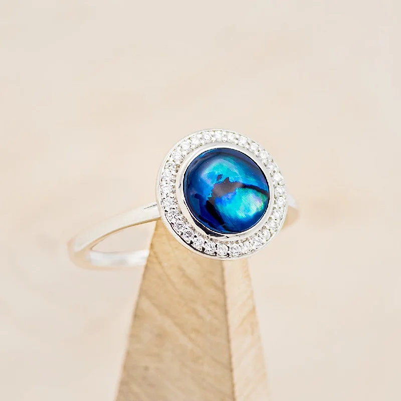 "TERRA" - ROUND CABOCHON CUT PAUA SHELL ENGAGEMENT RING WITH DIAMOND HALO