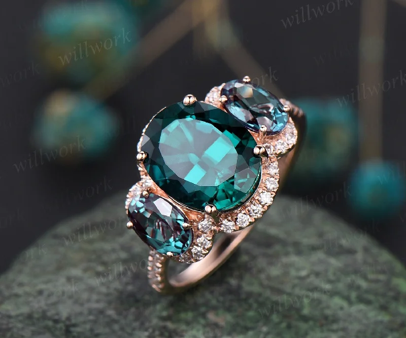 3ct oval cut emerald ring vintage emerald engagement ring solid 14k rose gold alexandrite ring halo diamond ring women unique promise ring