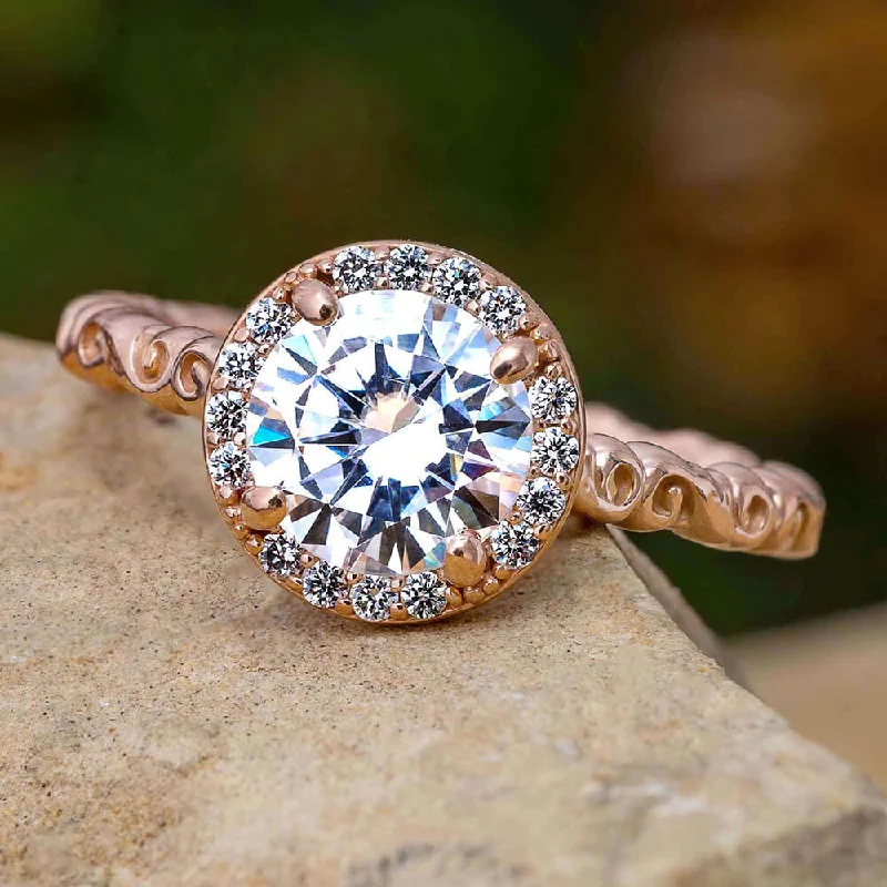 Round Cut Moissanite Halo Engagement Ring With Swirled Band