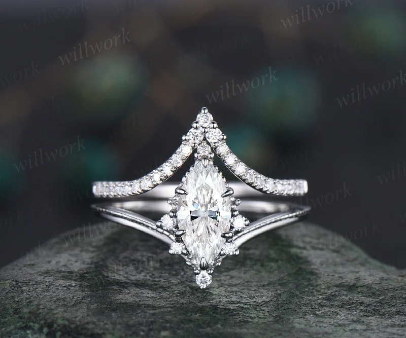 Vintage marquise cut moissanite engagement ring solid 14k white gold cluster diamond bridal wedding ring set women retro  claw 6 prong ring