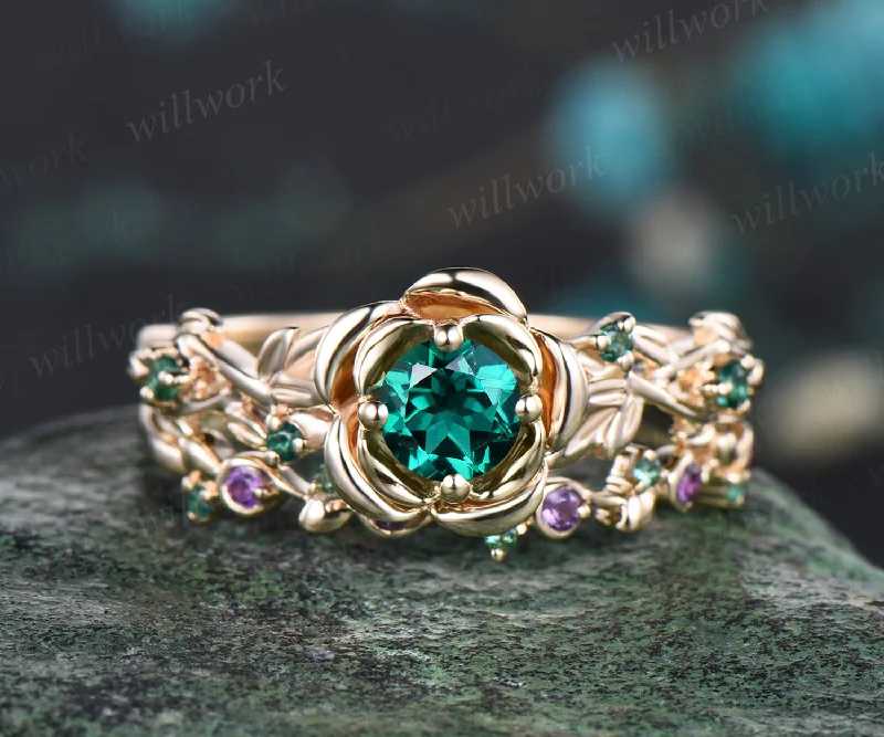 Unique Rose Flower Vine Twig Branch Nature Inspired Ring May Birthstone Emerald Engagement Ring Amethyst Floral Leaf Wedding Band 14k Yellow Gold 2pcs Bridal Ring Set