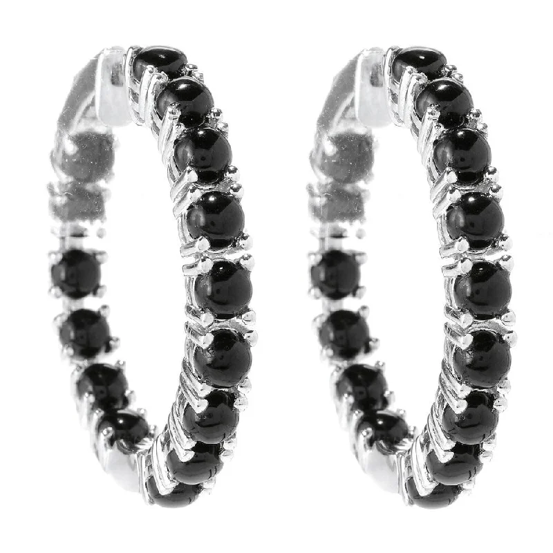 Rhodium Over Sterling Silver 8.3Ctw Black Agate Hoop Earrings