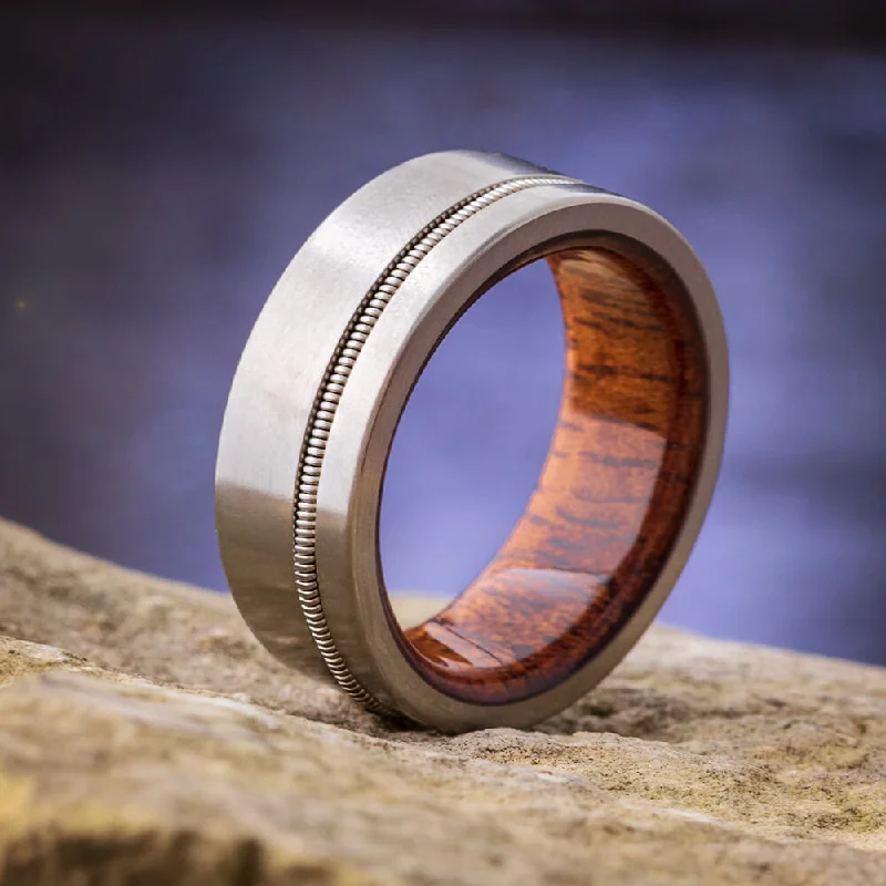 Guitar String Titanium Ring with Mahogany Wood Sleeve