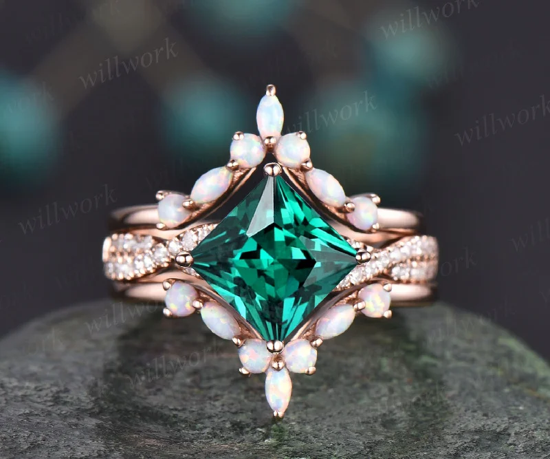 Princess cut emerald engagement ring set vintage opal ring set marquise ring set infinity moissanite ring set rose gold ring women jewelry