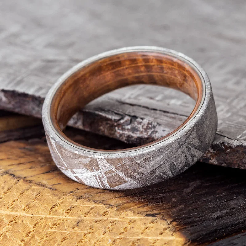 Meteorite Men's Wedding Band With Whiskey Barrel Wood Sleeve