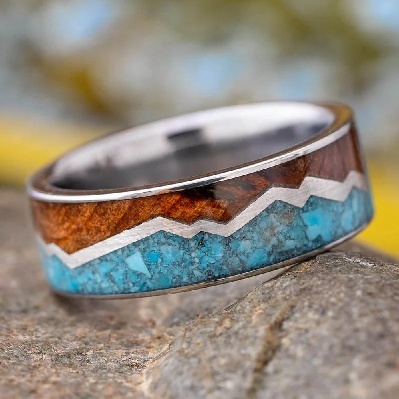 Turquoise Ring With Redwood and Silver Zig Zag in Titanium