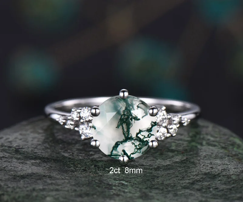 2ct Round moss agate ring vintage moss agate engagement ring white gold cluster unique snowdrift engagement ring diamond ring for women gift