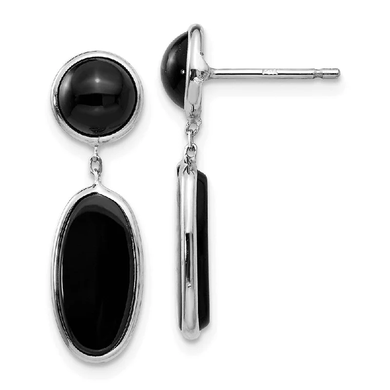 14k White Gold Onyx Oval Dangle Earrings (L-25 mm, W-6 mm)