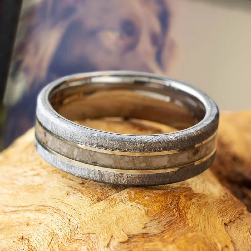 Meteorite Memorial Ring with White Gold Pinstripes