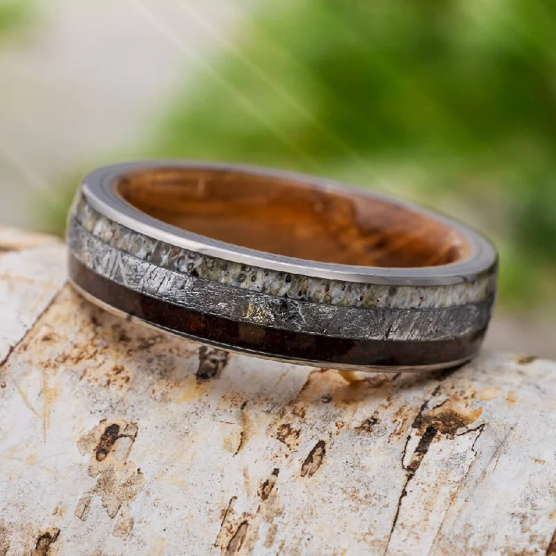 Meteorite and Dinosaur Bone Wedding Band with Whiskey Wood Sleeve