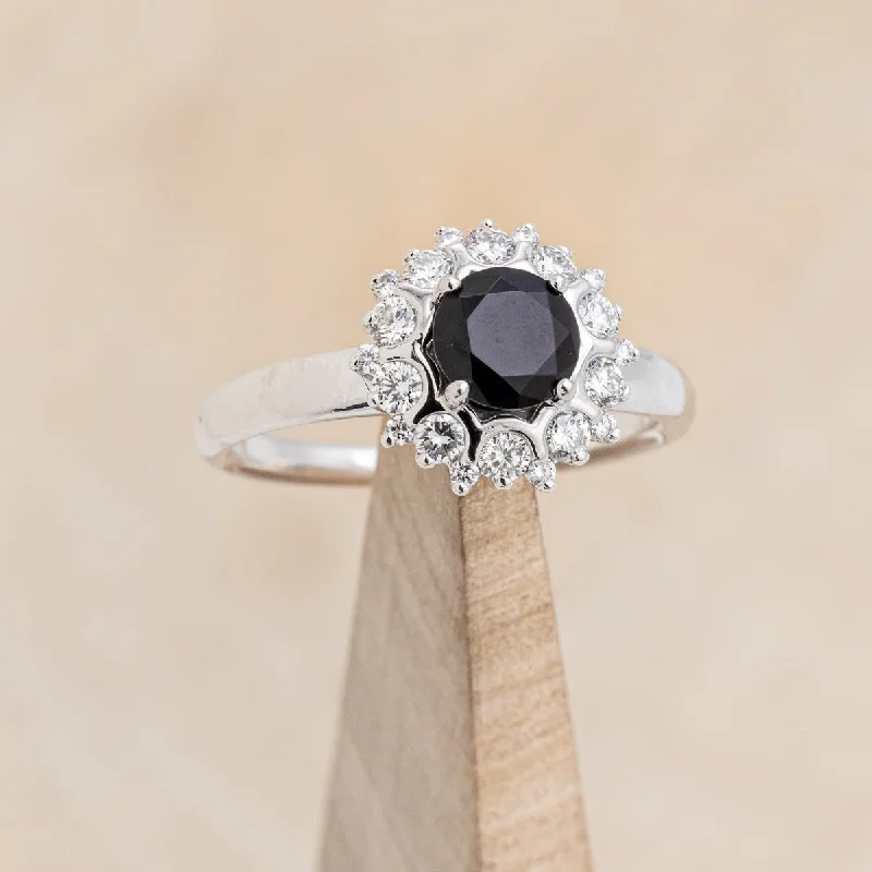 "DELANEY" - ROUND CUT BLACK MOISSANITE ENGAGEMENT RING WITH DIAMOND HALO