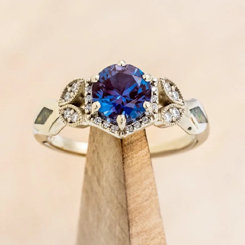 "LUCY IN THE SKY" PETITE - ROUND CUT LAB-GROWN ALEXANDRITE ENGAGEMENT RING WITH DIAMOND ACCENTS AND FIRE & ICE OPAL INLAYS