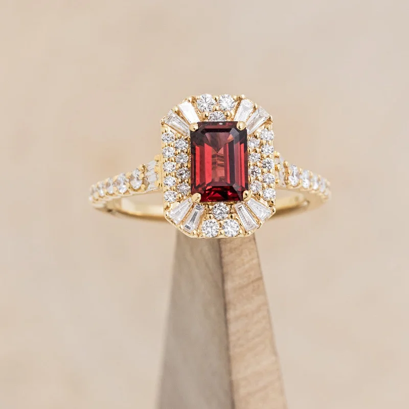 "CLANCY" - EMERALD CUT GARNET ENGAGEMENT RING WITH LAB-GROWN DIAMOND ACCENTS